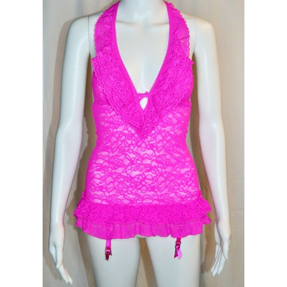 Victoria’s Secret The Lacie Halter Chemise Lace Lingerie Teddy Fuchsia Pink S/P - Picture 1 of 6